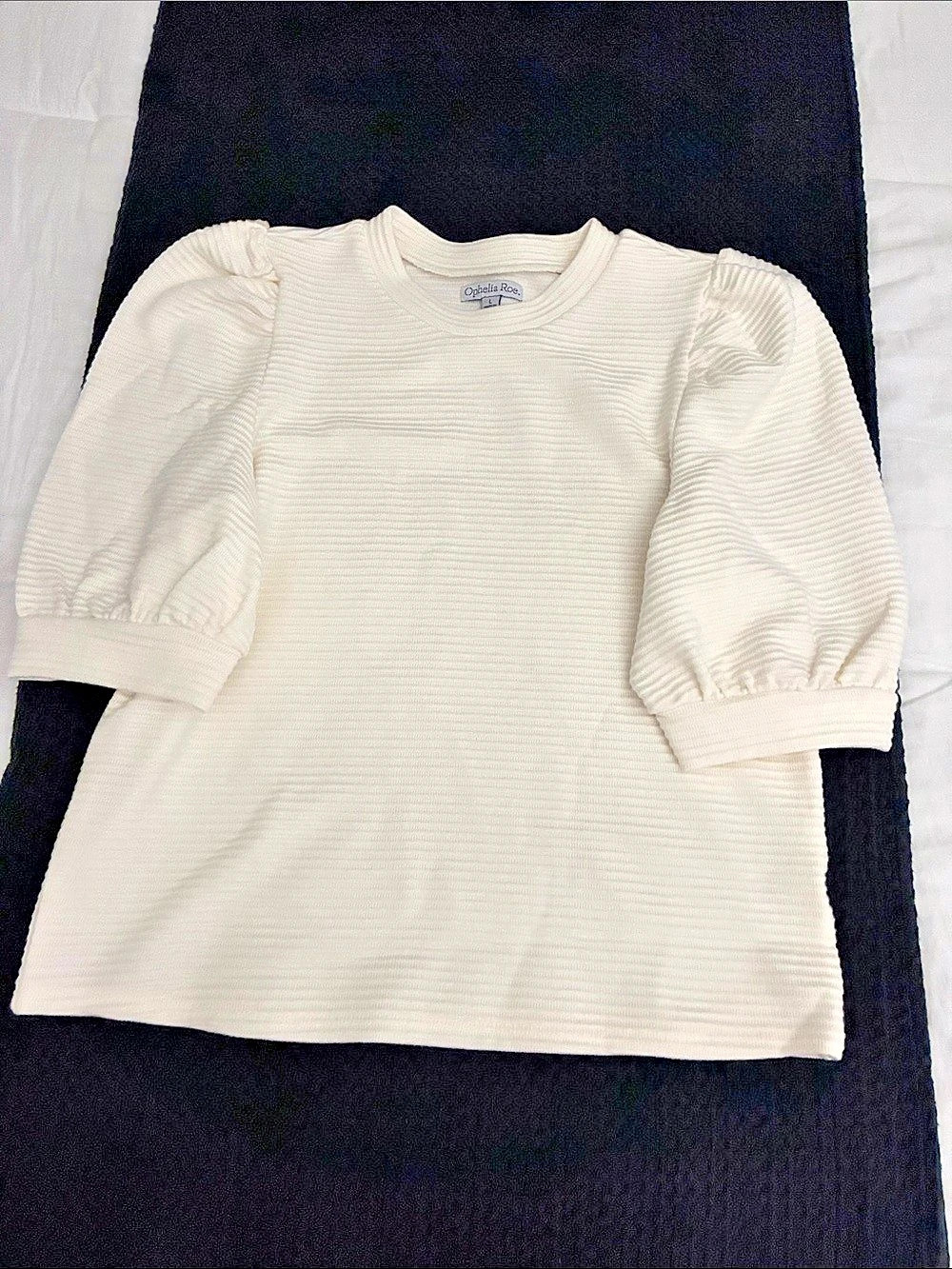 NWOT Ophelia Roe Puff Sleeve Ribbed Top in Cream Large
